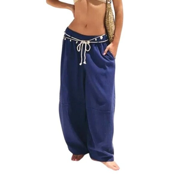 Free People Kayden Barrel Loose-Fit Navy Blue Pants With Drawstring Waist Small - Picture 1 of 11